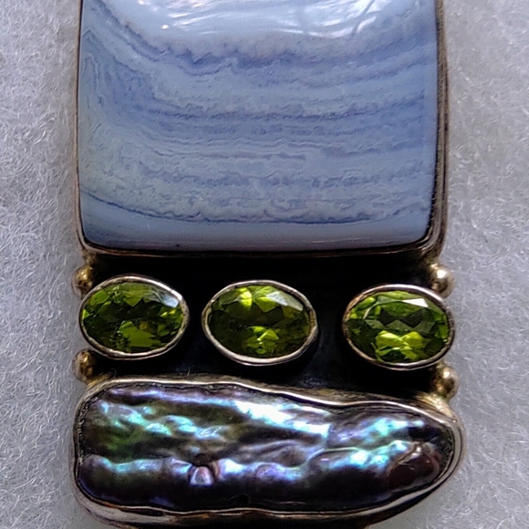 LARGE 925 SILVER MULTI GEM PENDANT, AGATE ABOLENE SHELL, PERIDOT GARNET, HINGED - Picture 3 of 10